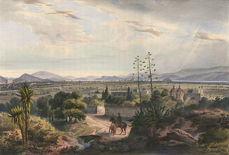 unknow artist Mexico, visto desde el Arsobisbado de Tacubaya. Mexico City seen from Tacubaya. Hand-colored lithograph highlighted with gum arabic Spain oil painting art